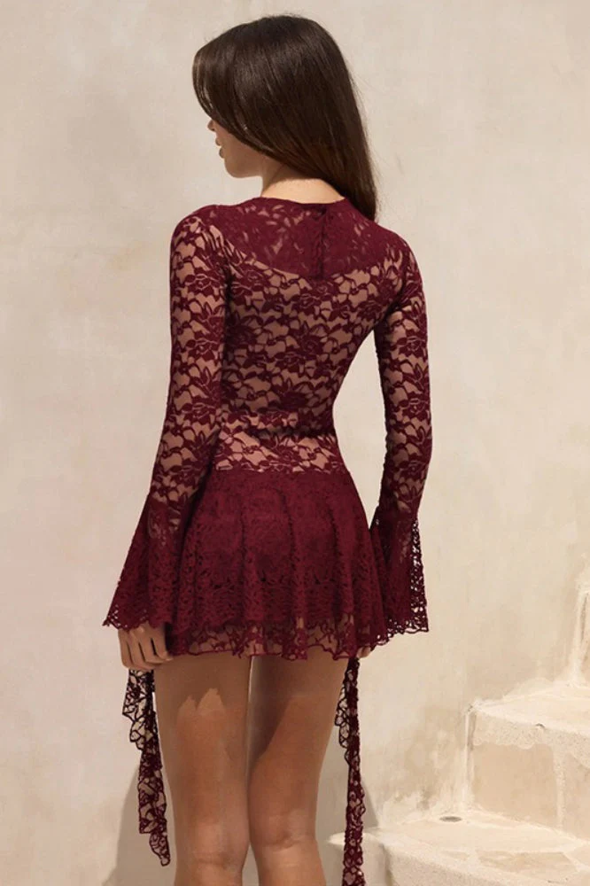 Lace Ruffle Tie Long Sleeve Mini Dress - Image 14