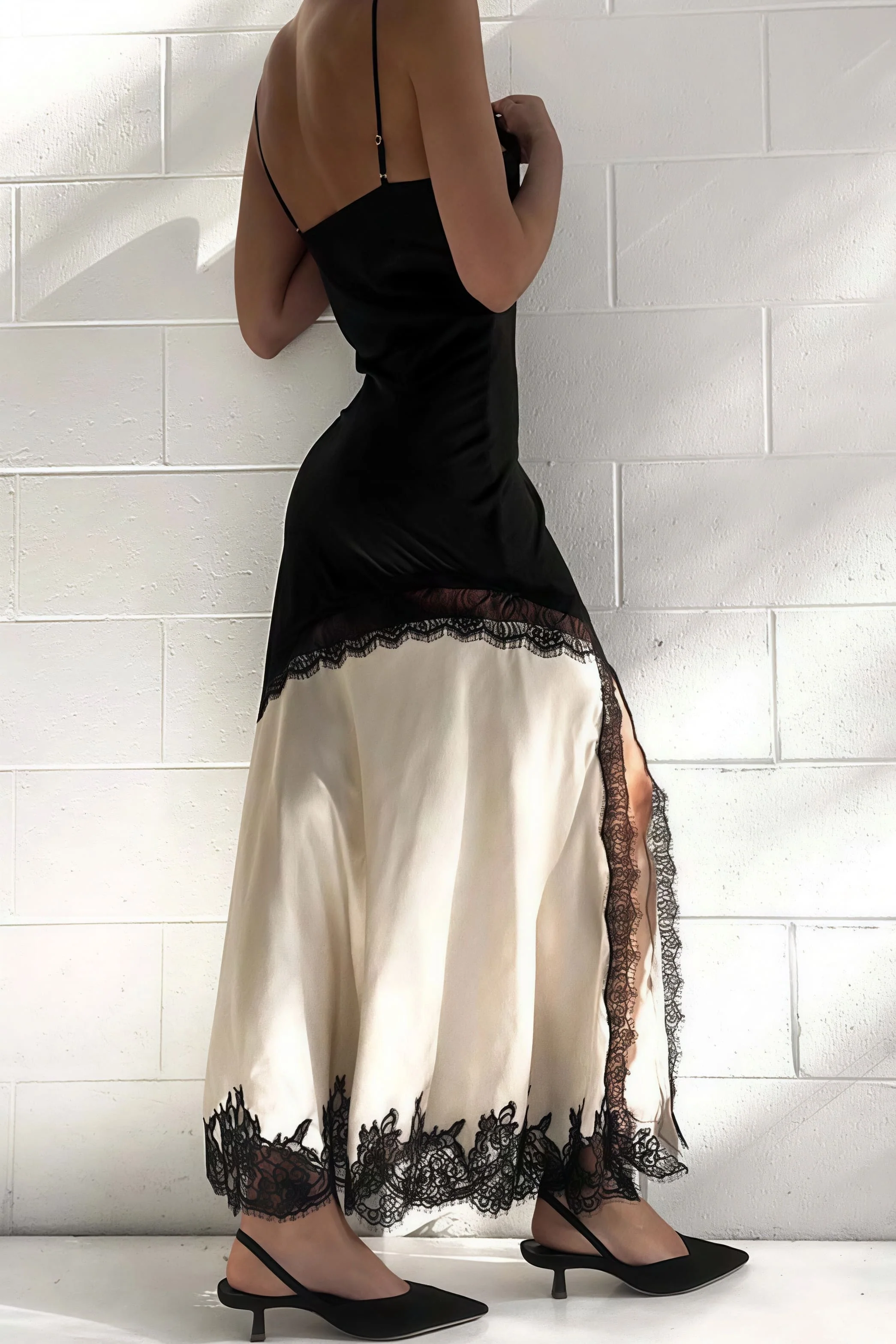 Lace Ruffled Patchwork Asymmetrical Spaghetti Strap Slit Maxi Dress - Image 7