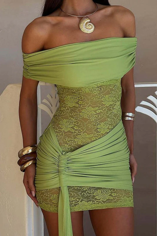 Lace Sexy Strapless Off Shoulder Sheer Bodycon Tie Mini Dress - Image 2