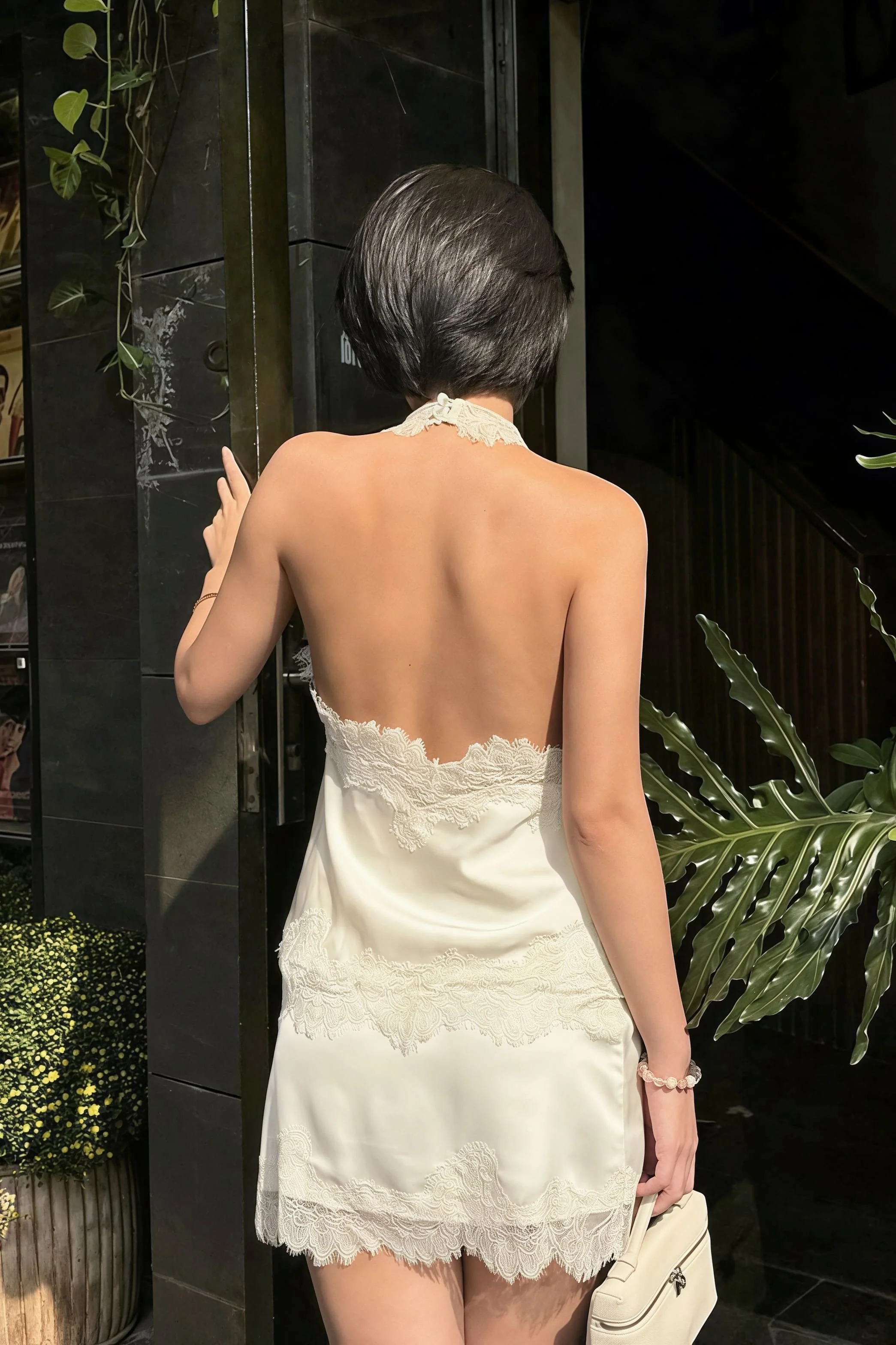 Lace Sleeveless Draped Collar Halter Mini Dress - Image 5