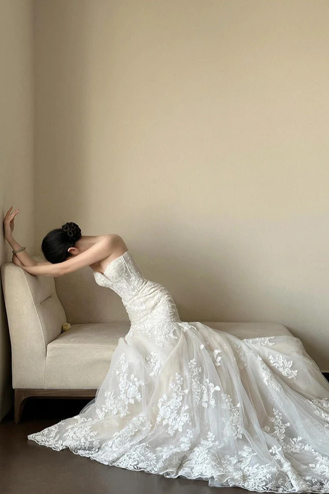 Lace Strapless Mermaid Train Wedding Dress - Image 2