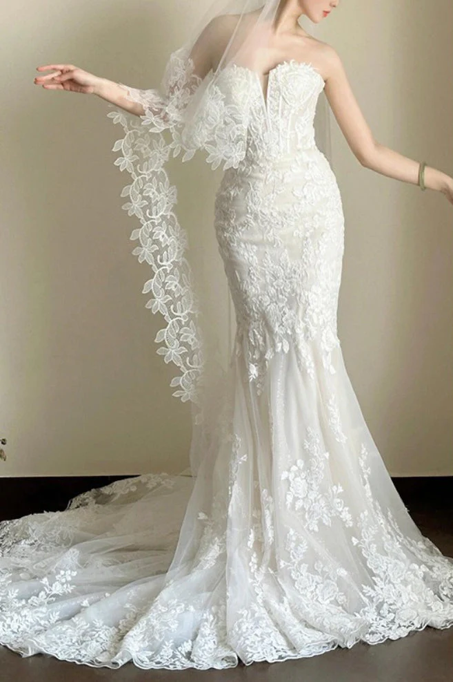 Lace Strapless Mermaid Train Wedding Dress - Image 3