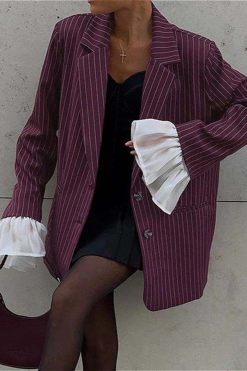 Lace Striped Loose Flared Sleeve Blazer Coat - Image 3