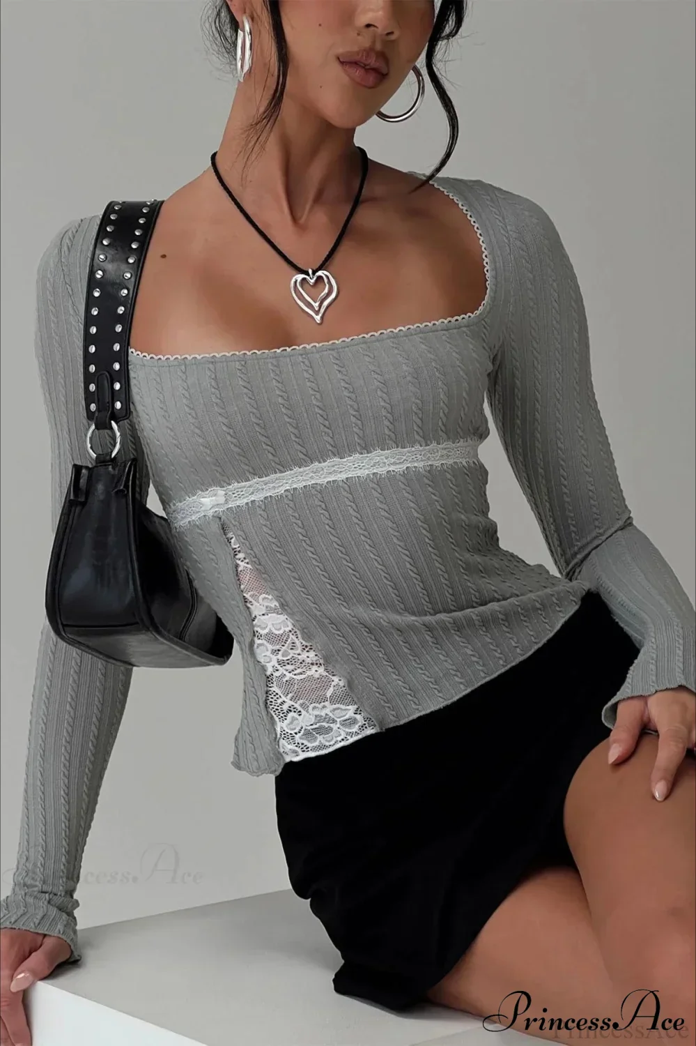 Lace Trim Fitted Cropped Long-Sleeve Knit Top - Image 2