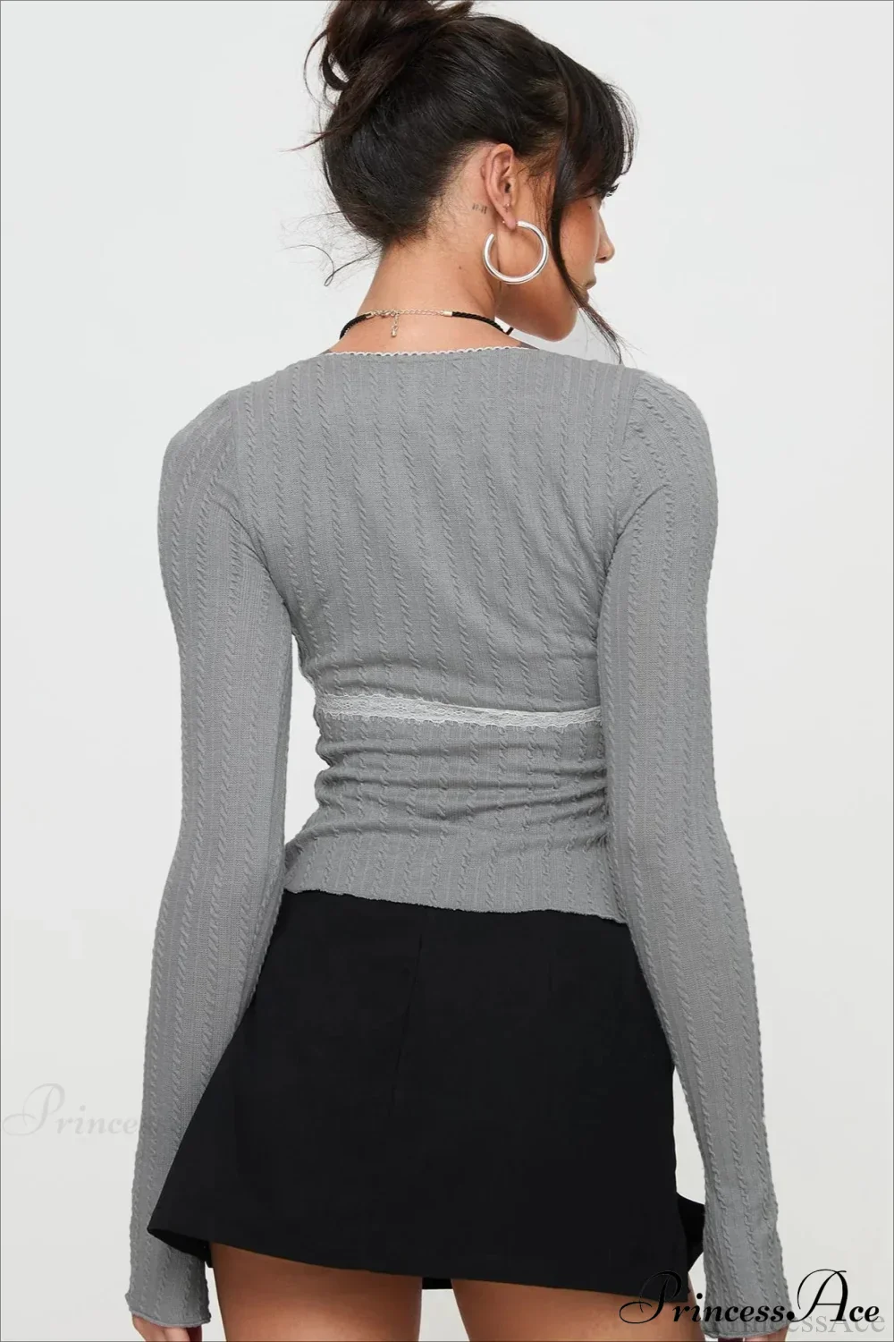 Lace Trim Fitted Cropped Long-Sleeve Knit Top - Image 3