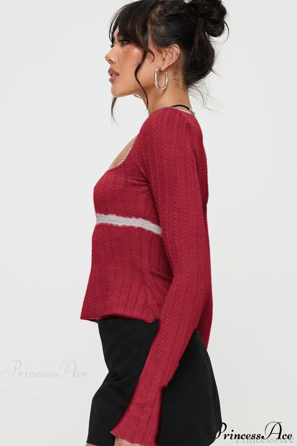 Lace Trim Fitted Cropped Long-Sleeve Knit Top - Image 7