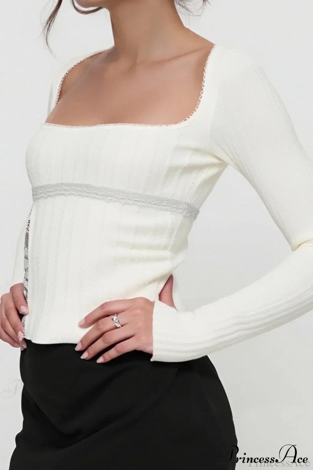 Lace Trim Fitted Cropped Long-Sleeve Knit Top - Image 8