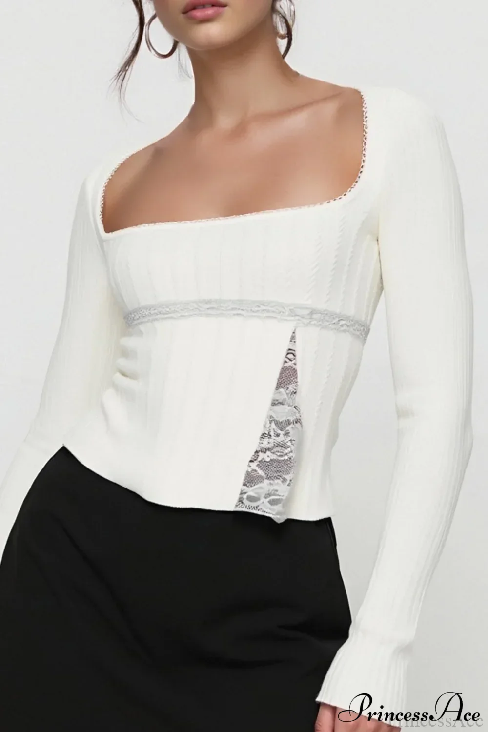 Lace Trim Fitted Cropped Long-Sleeve Knit Top - Image 9