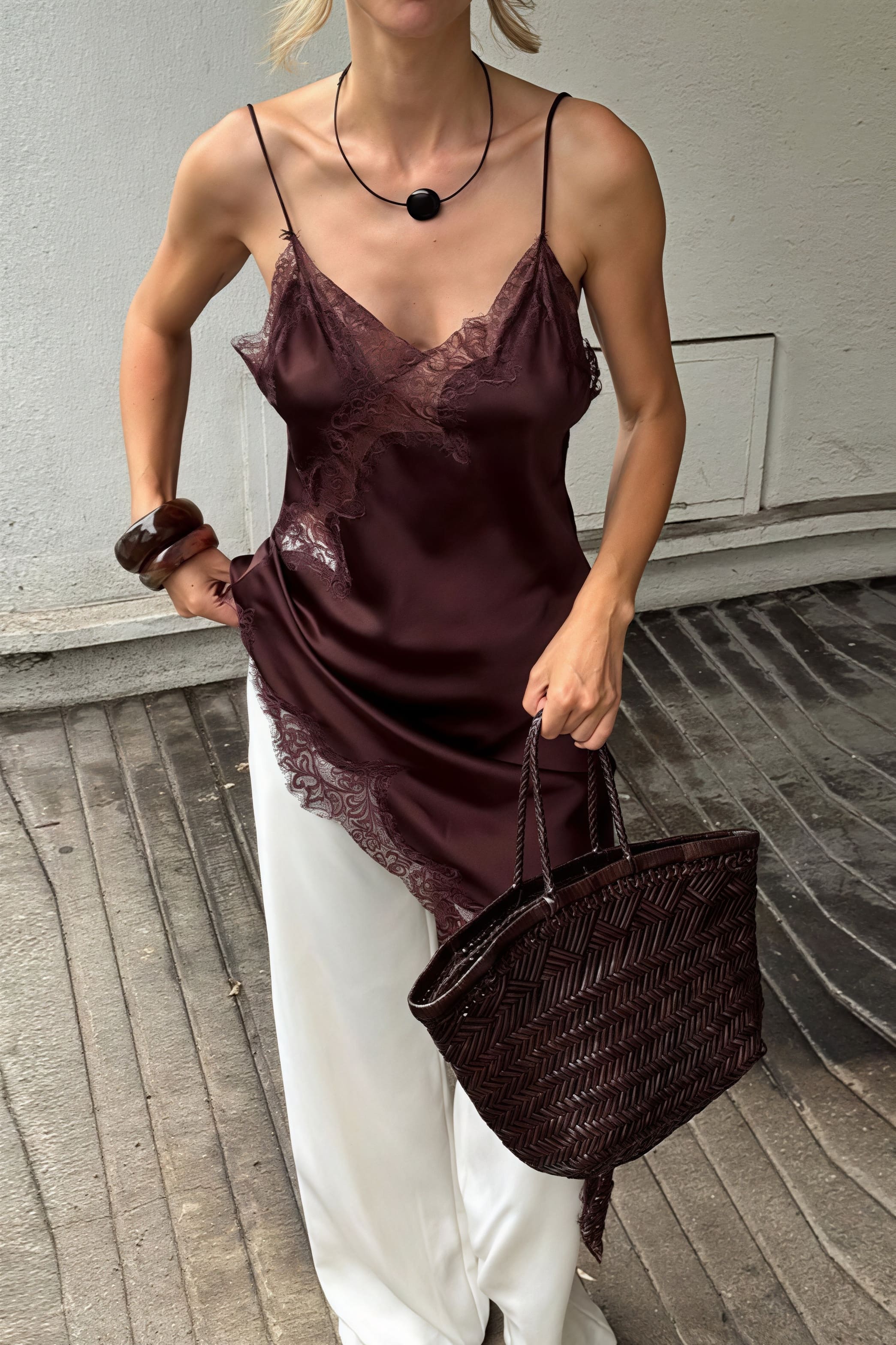 Lace Trim Patchwork Low Cut Asymmetrical Slit Cami Top - Image 2