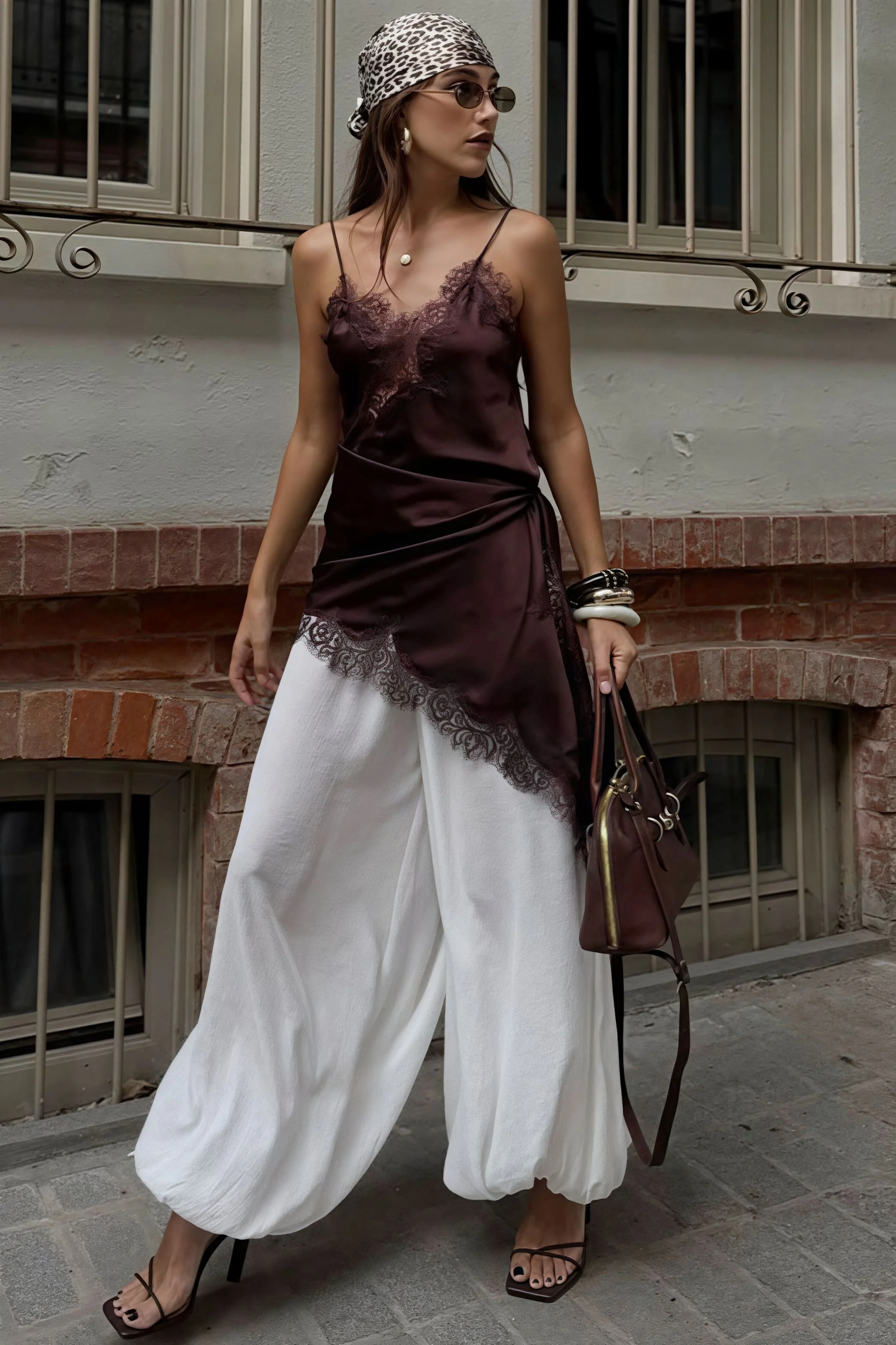Lace Trim Patchwork Low Cut Asymmetrical Slit Cami Top - Image 5
