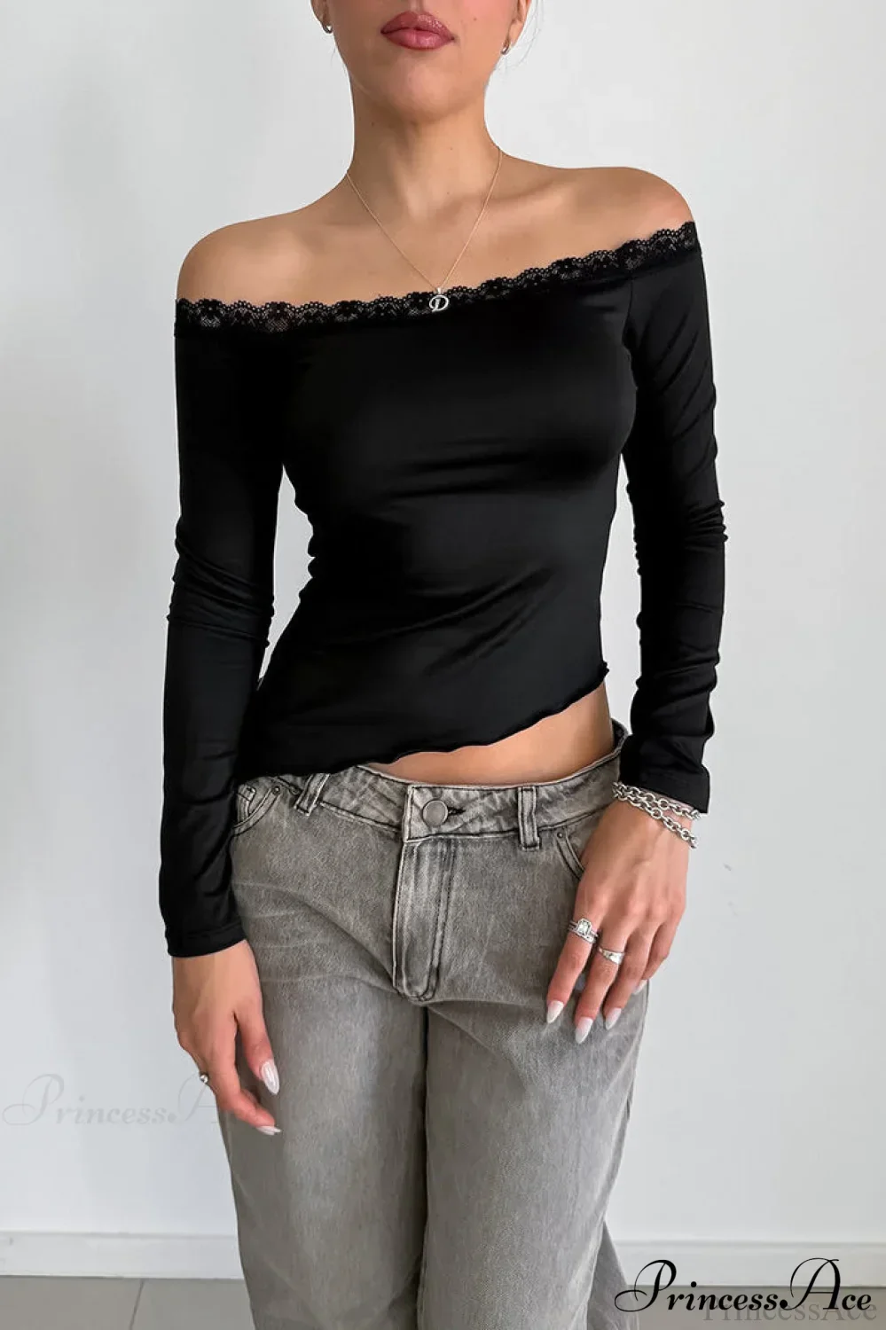 Lace Trimmed Off Shoulder Slim Long Sleeve Tee - Image 2
