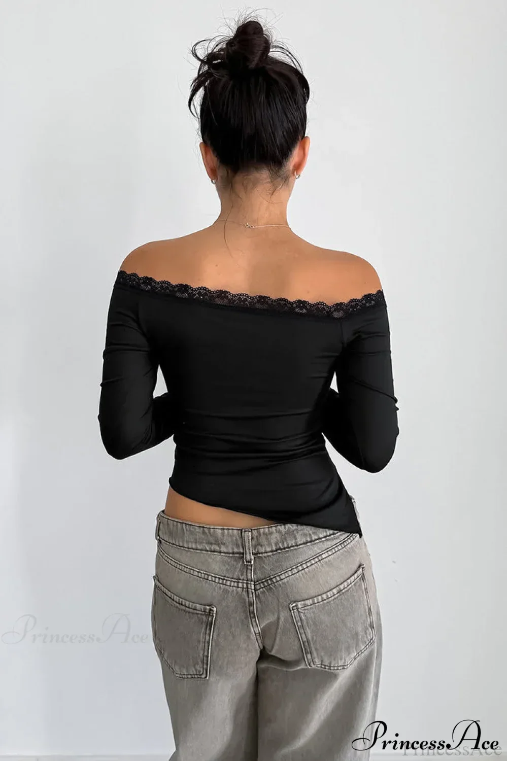 Lace Trimmed Off Shoulder Slim Long Sleeve Tee - Image 3