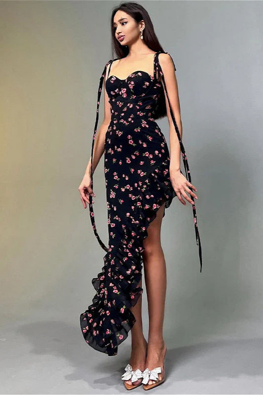 Lace Up Ruffle Mesh Floral Dress - Image 2