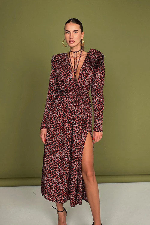 Lace Up Waist Deep V Neck Side Slit Floral Dress - Image 3
