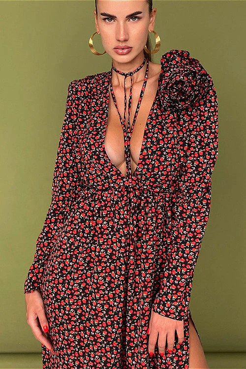 Lace Up Waist Deep V Neck Side Slit Floral Dress - Image 4