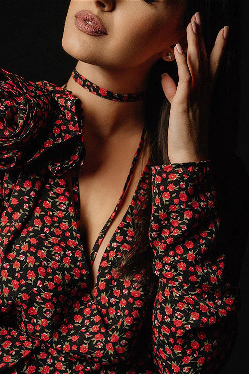 Lace Up Waist Deep V Neck Side Slit Floral Dress - Image 5
