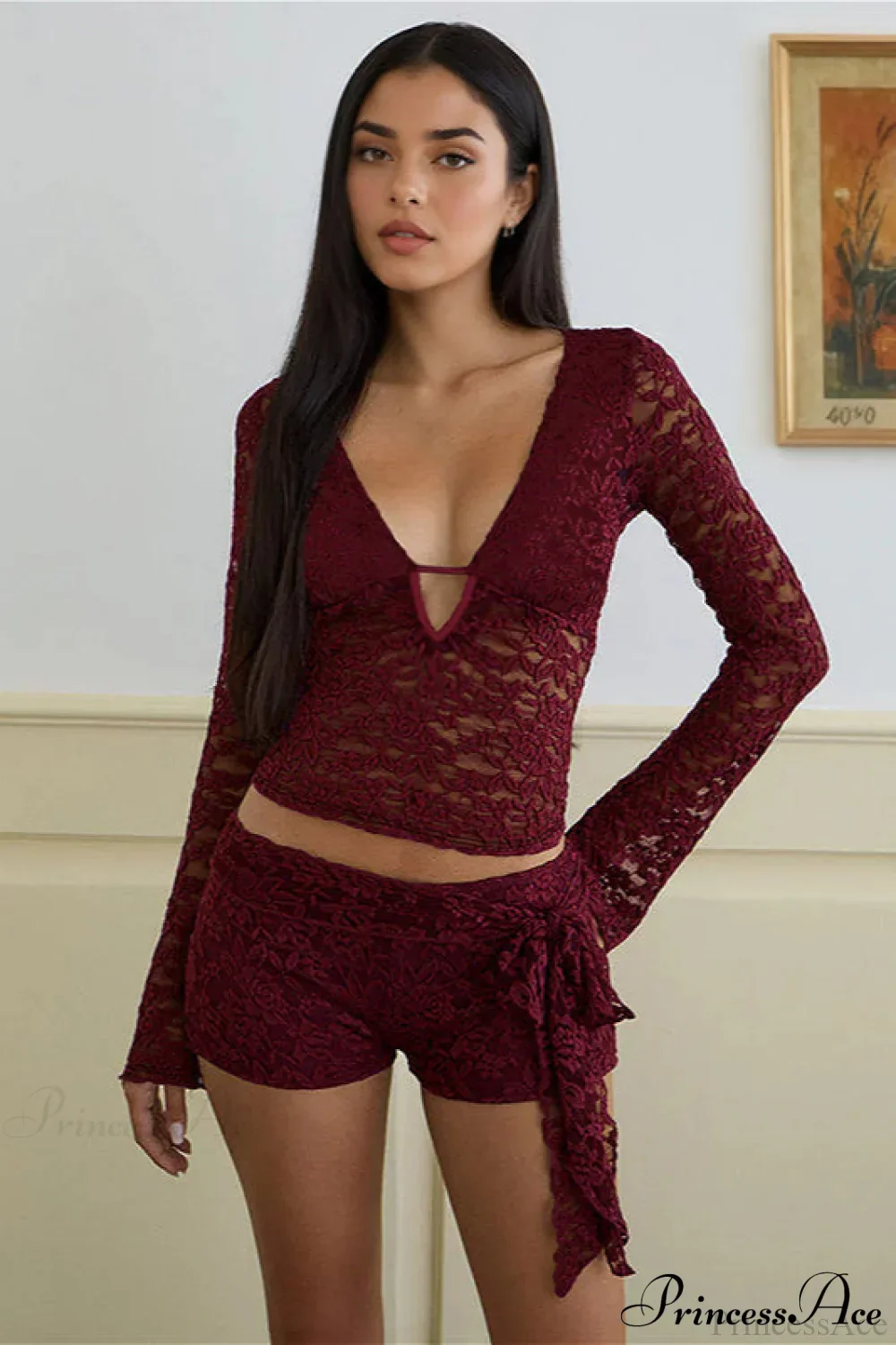 Lace V Neck Cutout Long Sleeve Tee - Image 2