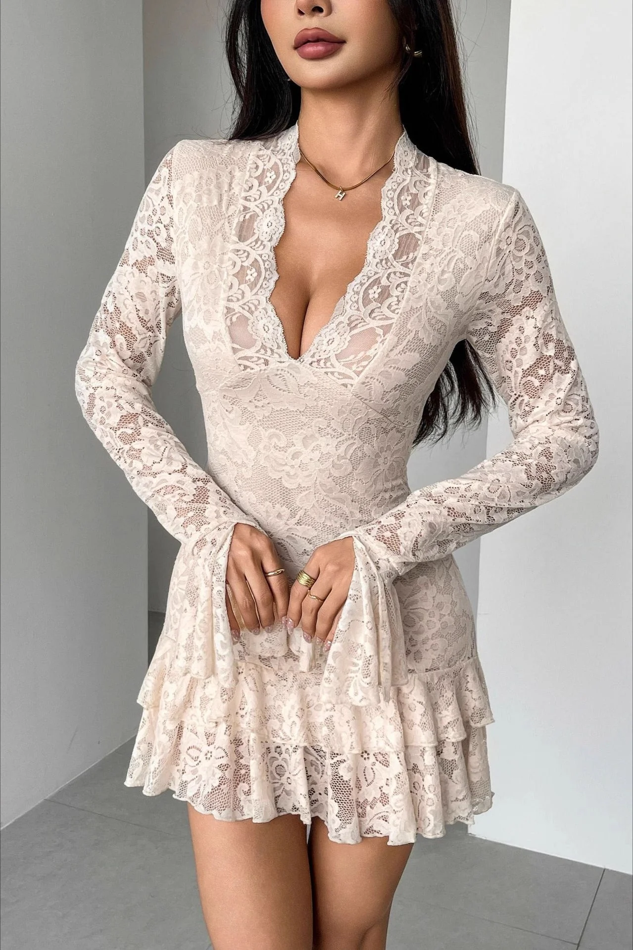Lace V-Neck Double Ruffle Fitted Mini Dress - Image 4