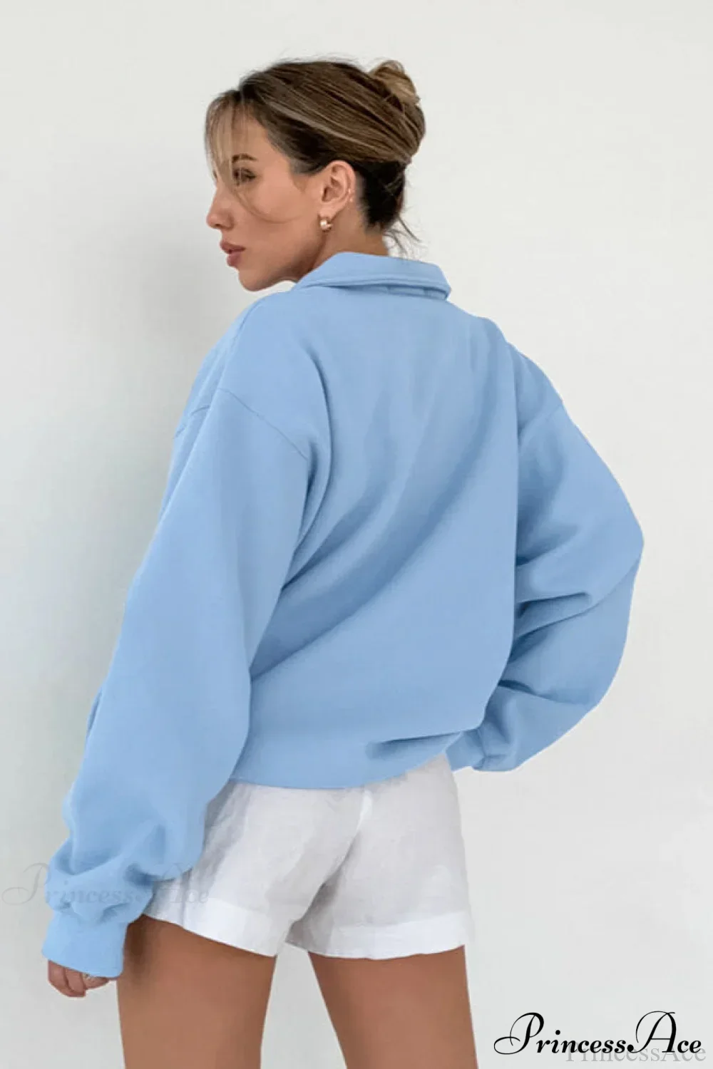 Lantern Sleeve Polo Collar Loose Sweatshirt - Image 2
