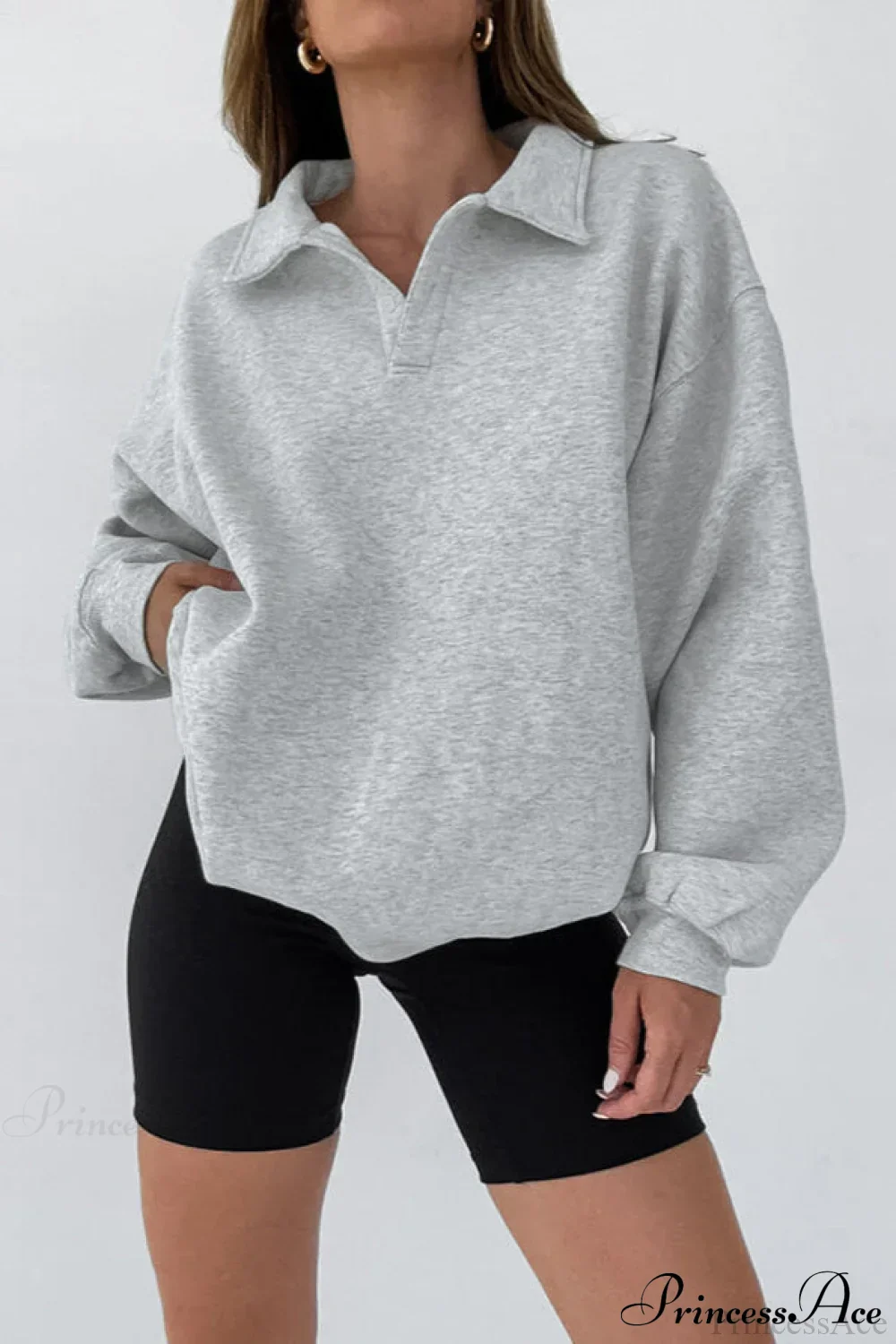 Lantern Sleeve Polo Collar Loose Sweatshirt - Image 4