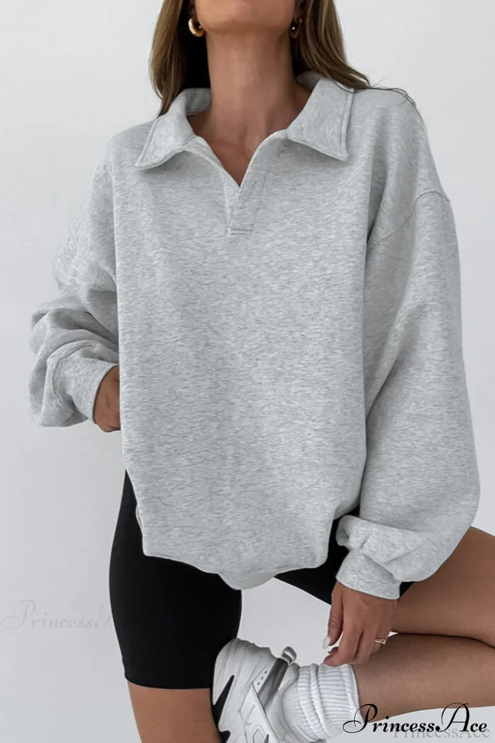Lantern Sleeve Polo Collar Loose Sweatshirt - Image 5
