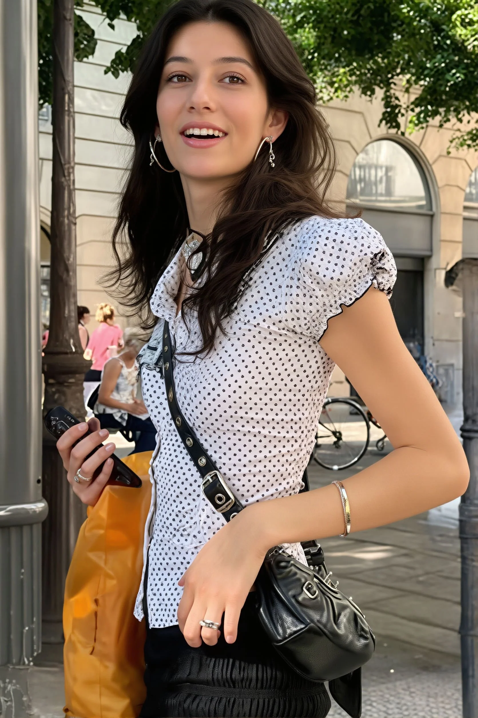 Lapel Button Bow Polka Dot Blouse - Image 3
