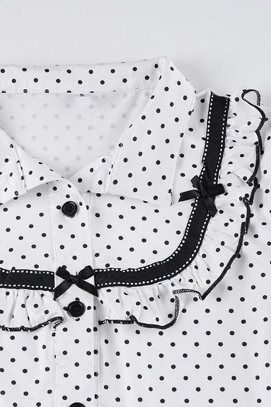 Lapel Button Bow Polka Dot Blouse - Image 4