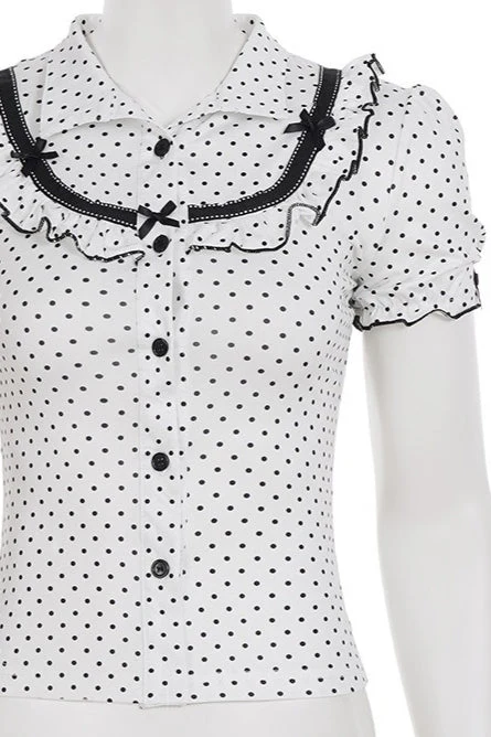 Lapel Button Bow Polka Dot Blouse - Image 7