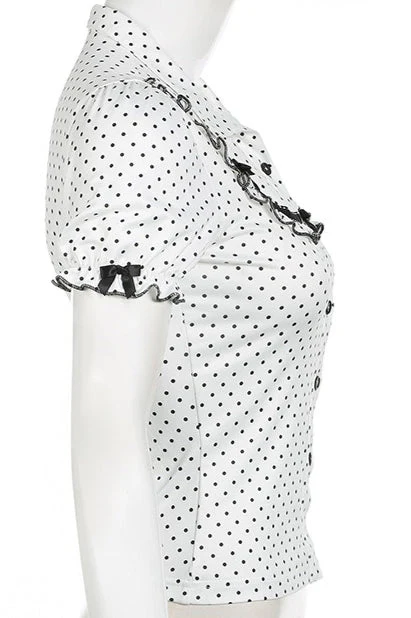 Lapel Button Bow Polka Dot Blouse - Image 8