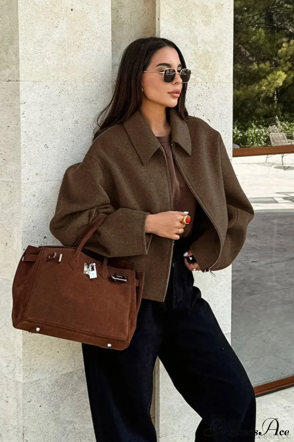 Lapel Long-Sleeve Zip Loose Woolen Jacket - Image 4