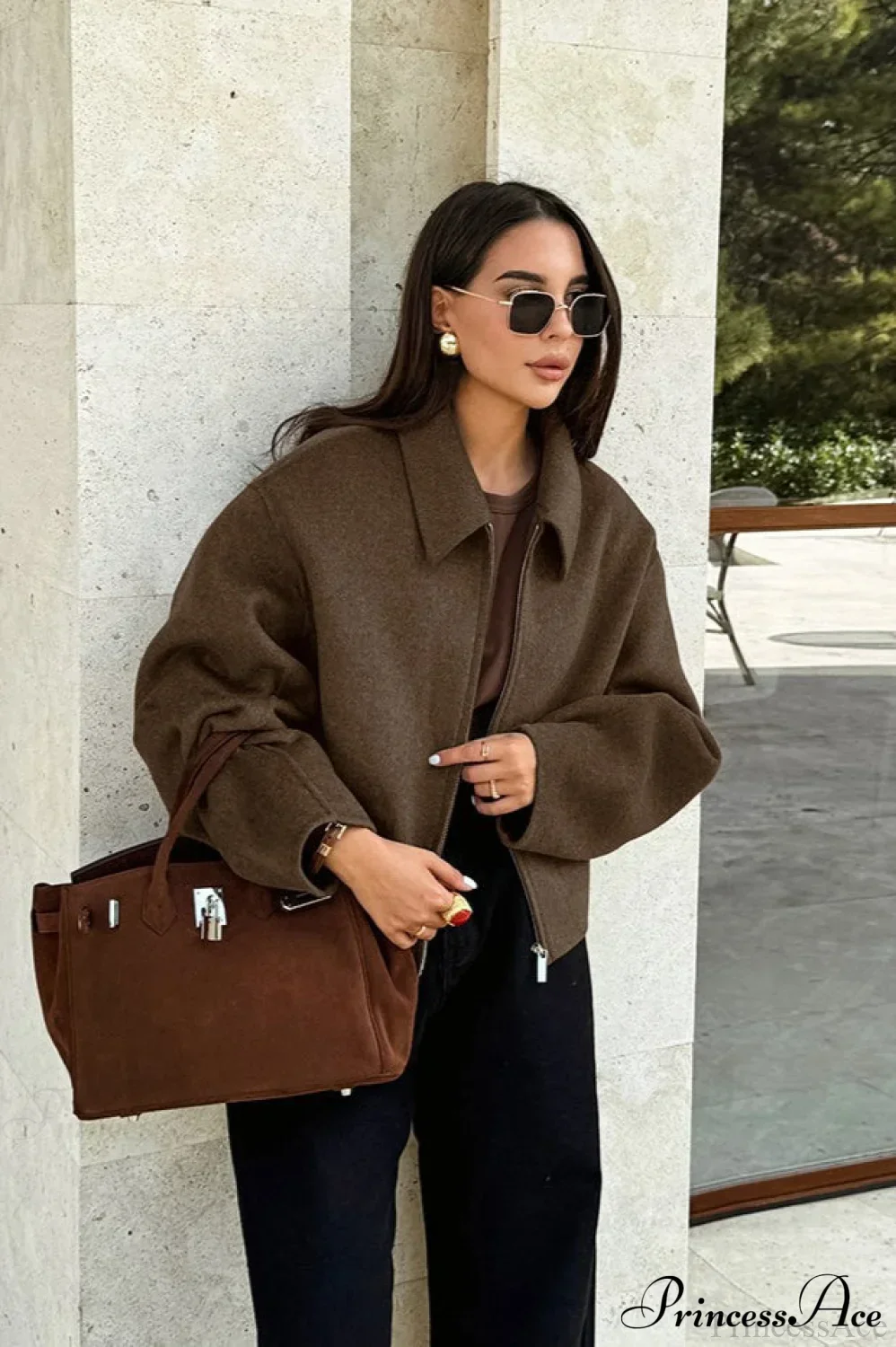 Lapel Long-Sleeve Zip Loose Woolen Jacket - Image 5