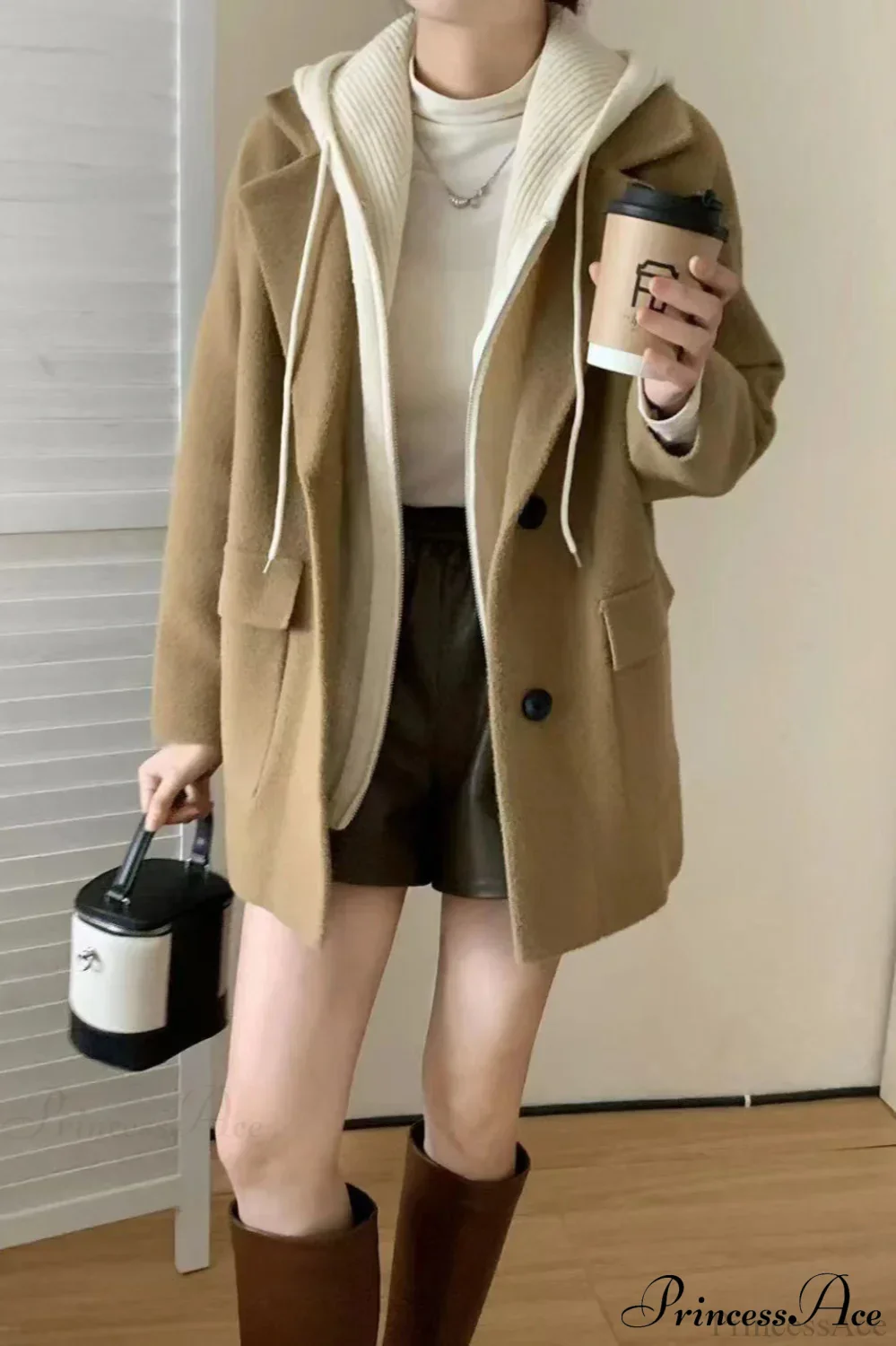 Layered-Look Wool Blend Loose Slim-Fit Knit Cardigan Coat - Image 3
