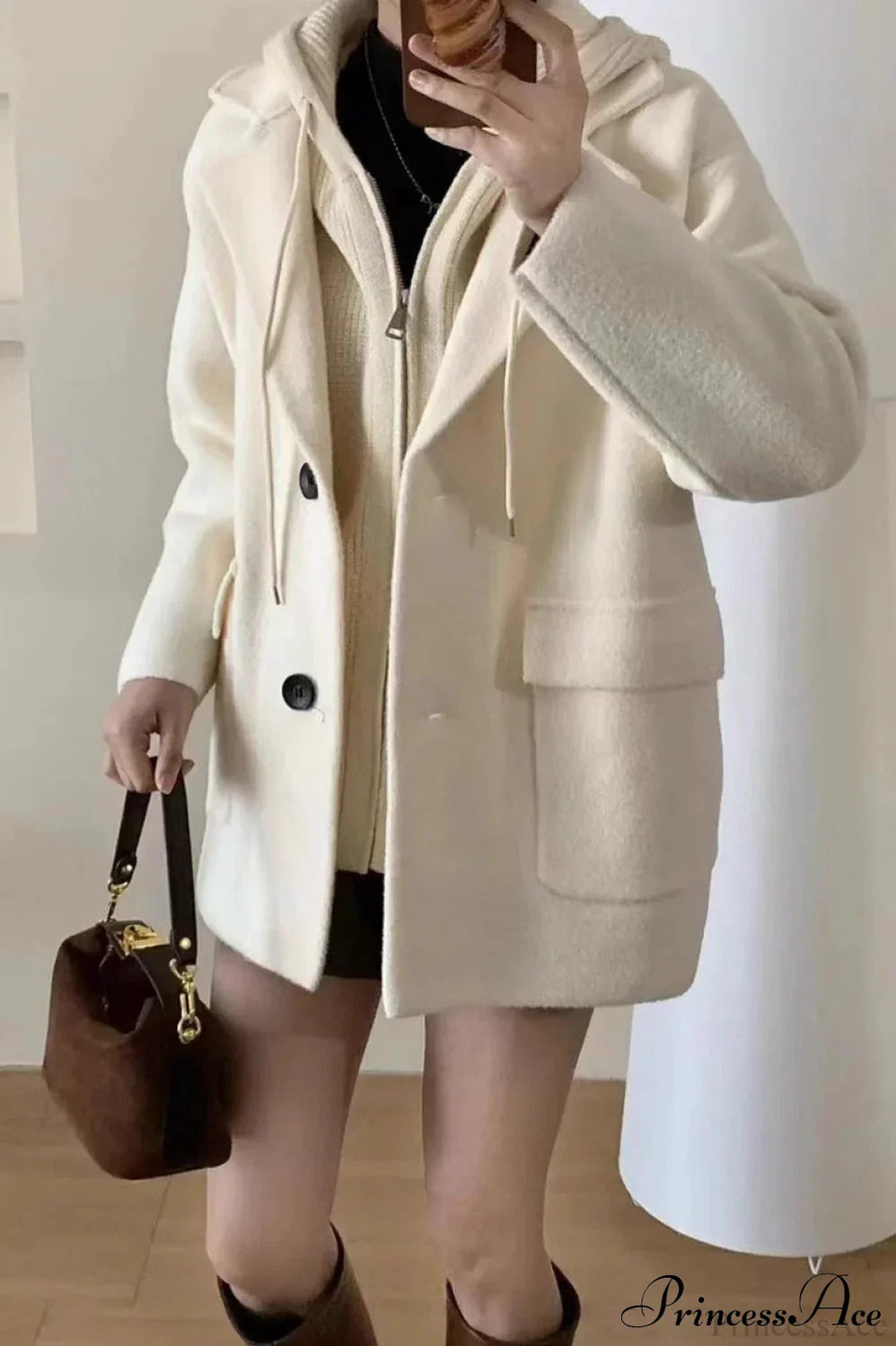 Layered-Look Wool Blend Loose Slim-Fit Knit Cardigan Coat - Image 4