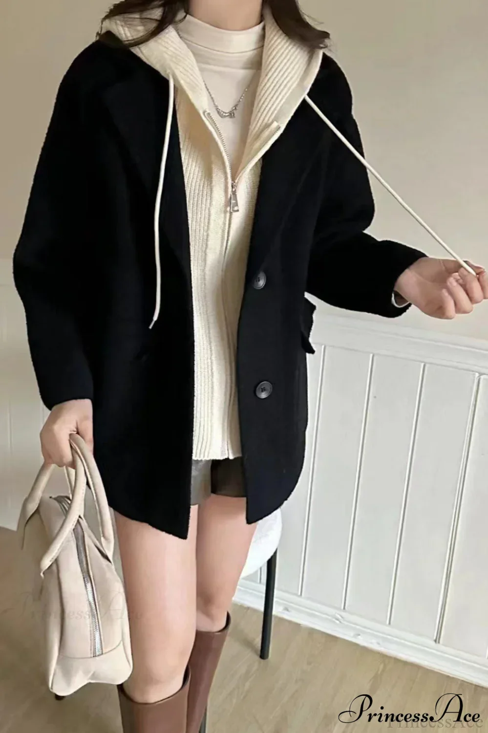 Layered-Look Wool Blend Loose Slim-Fit Knit Cardigan Coat - Image 7