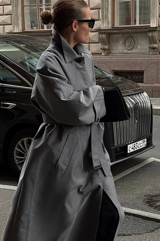 Lazy-Chic European Solid Color Stand Collar Belted Long Overcoat - Image 2