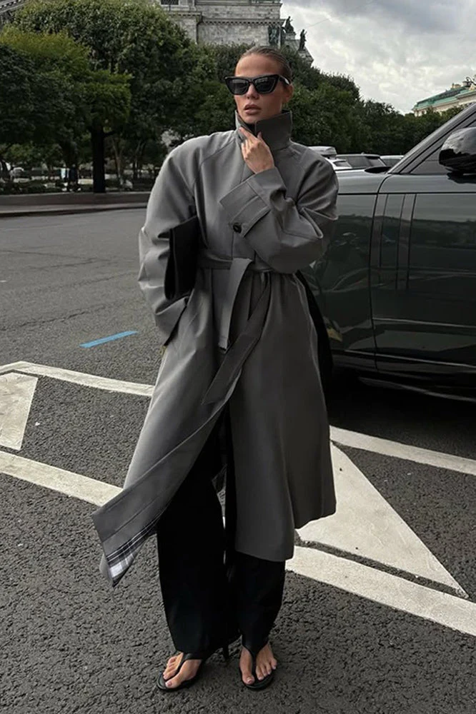 Lazy-Chic European Solid Color Stand Collar Belted Long Overcoat - Image 3
