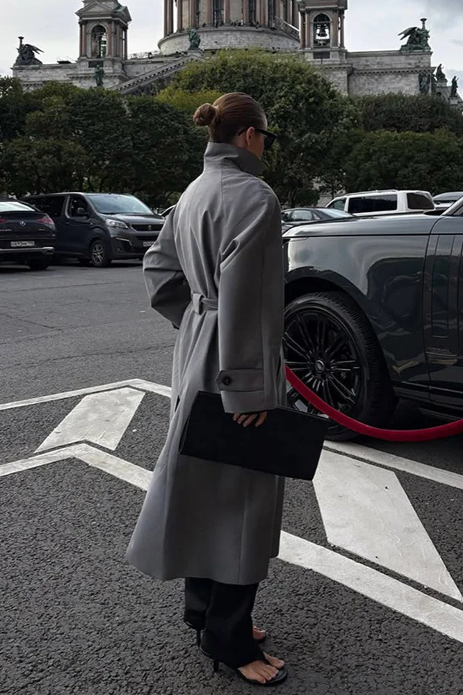 Lazy-Chic European Solid Color Stand Collar Belted Long Overcoat - Image 4