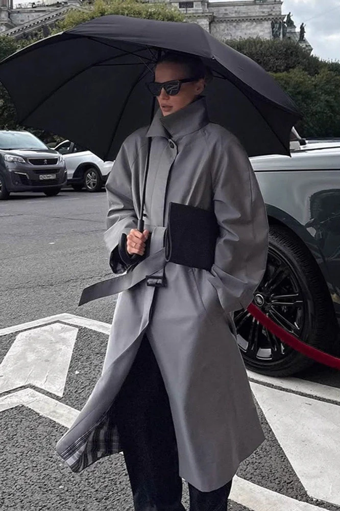 Lazy-Chic European Solid Color Stand Collar Belted Long Overcoat - Image 5