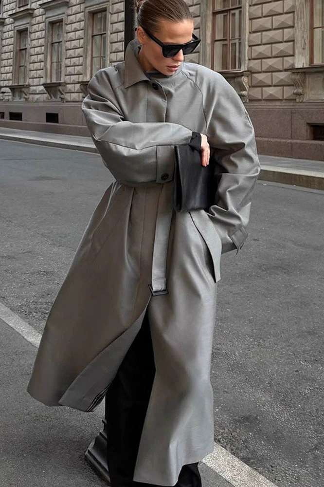 Lazy-Chic European Solid Color Stand Collar Belted Long Overcoat - Image 6