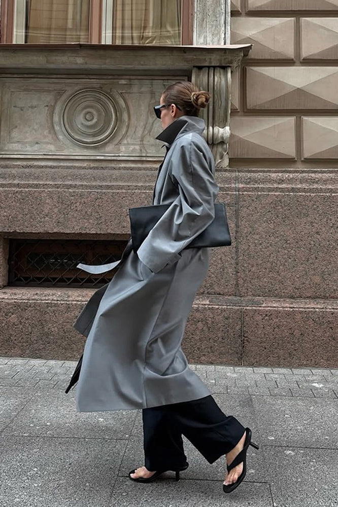 Lazy-Chic European Solid Color Stand Collar Belted Long Overcoat - Image 7