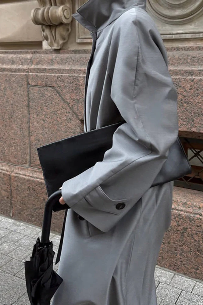Lazy-Chic European Solid Color Stand Collar Belted Long Overcoat - Image 8