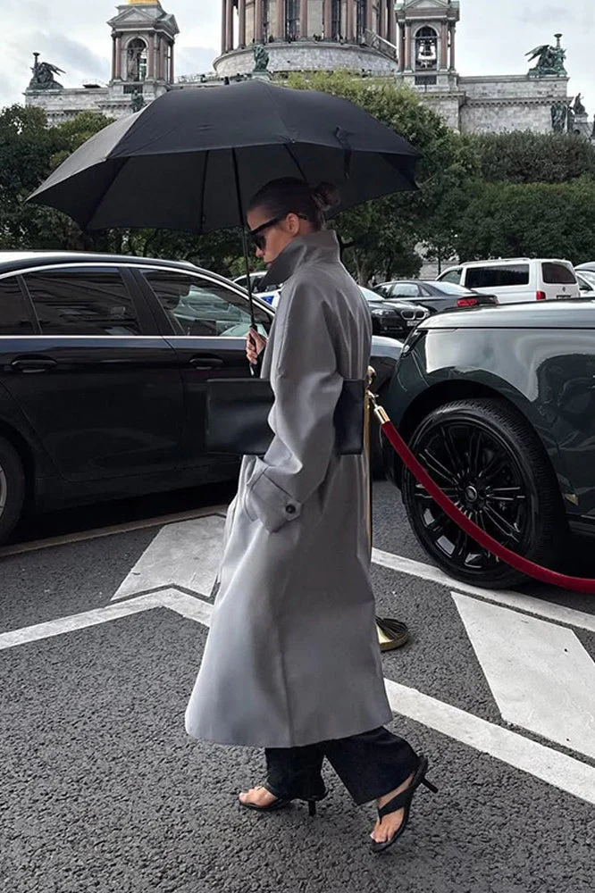 Lazy-Chic European Solid Color Stand Collar Belted Long Overcoat - Image 9