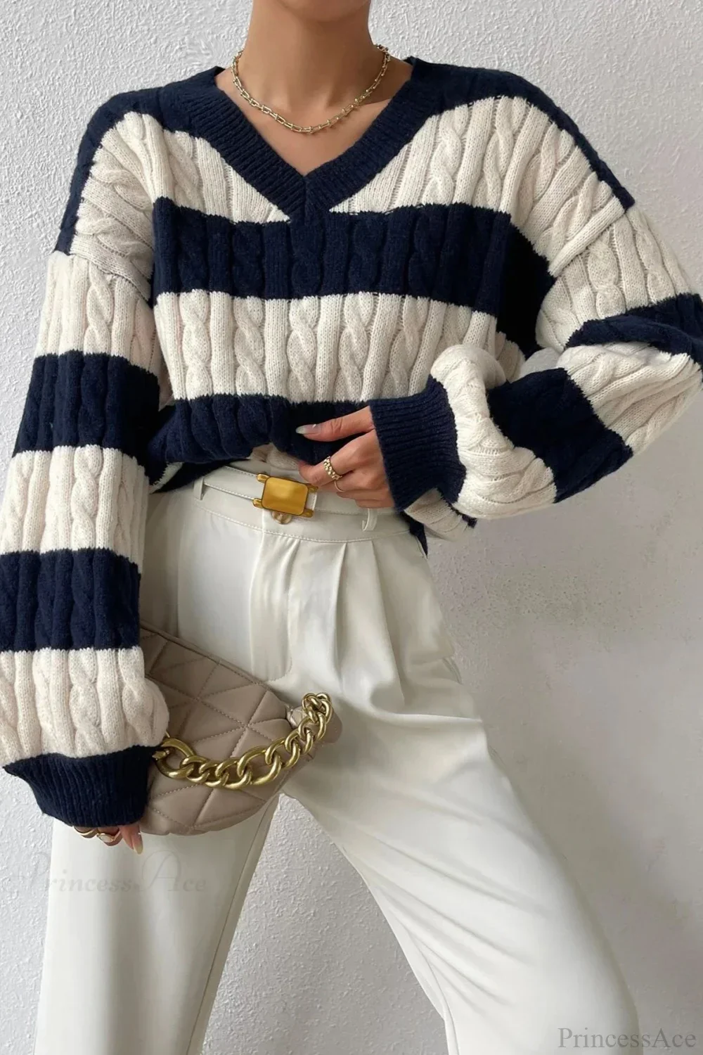Lazy Loose V-neck Cable Knit Colorblock Stripe Sweater - Image 2