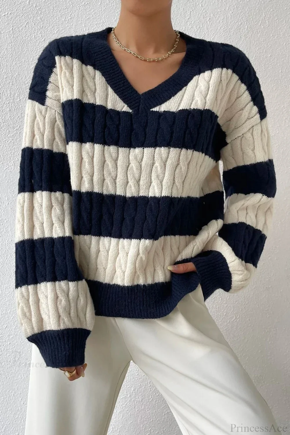 Lazy Loose V-neck Cable Knit Colorblock Stripe Sweater - Image 3