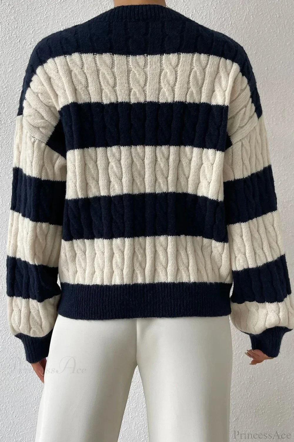 Lazy Loose V-neck Cable Knit Colorblock Stripe Sweater - Image 4