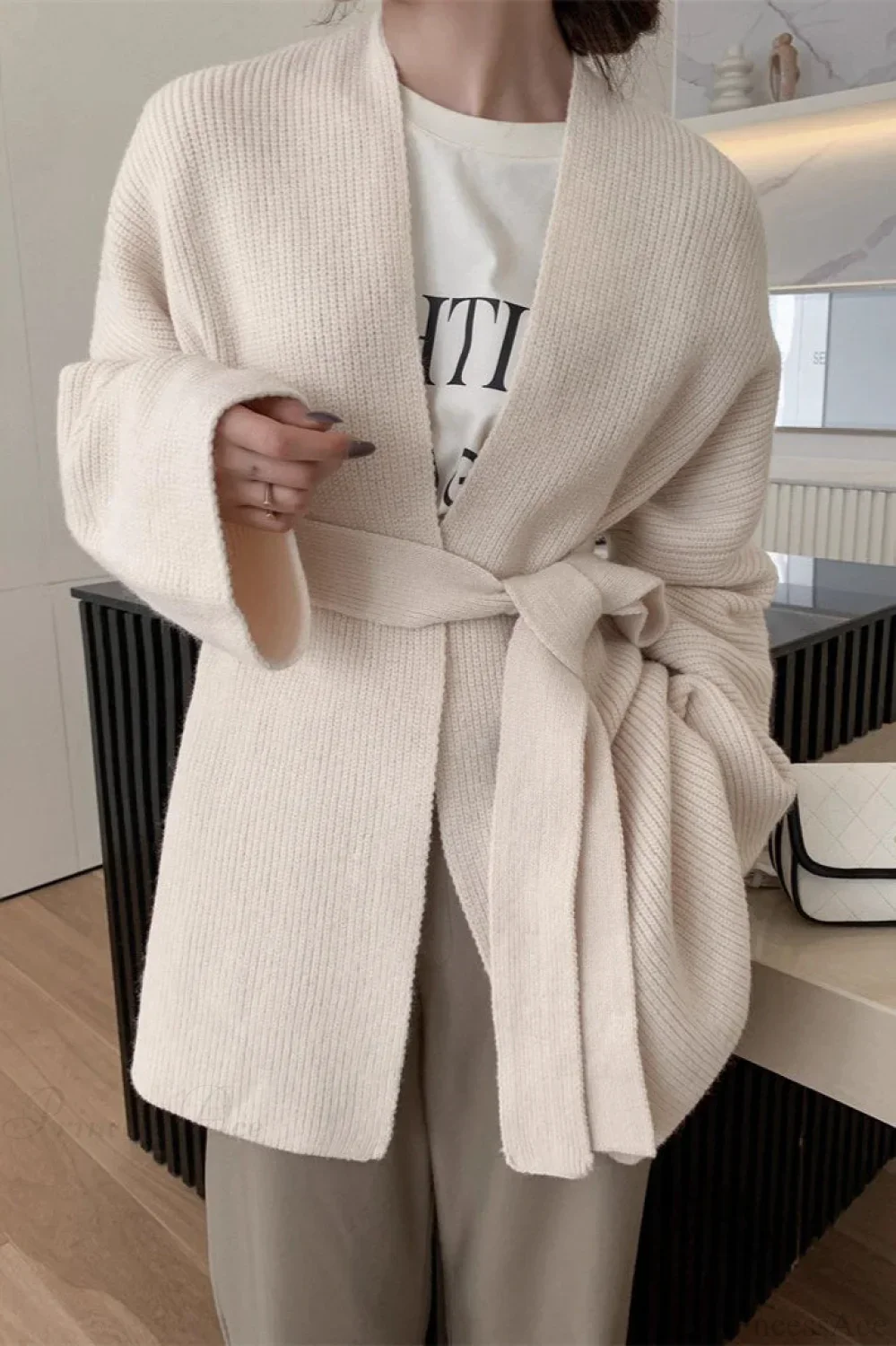 Lazy-Style Oversized Belted Knit Cardigan - Image 6