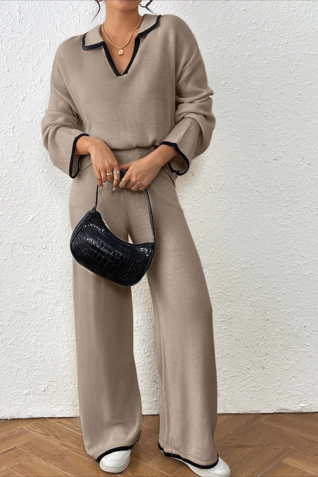Lazy V-neck Knit Wide-Leg Pants Two Piece Set - Image 5