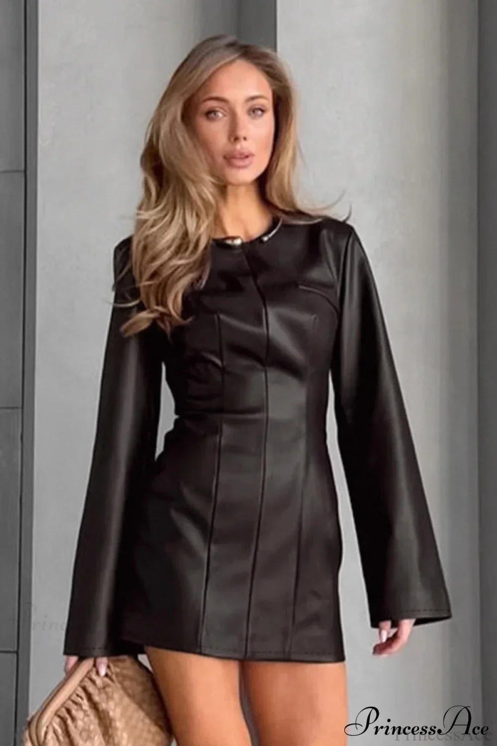 Leather Crew Neck Long Sleeve Bodycon Mini Dress - Image 2