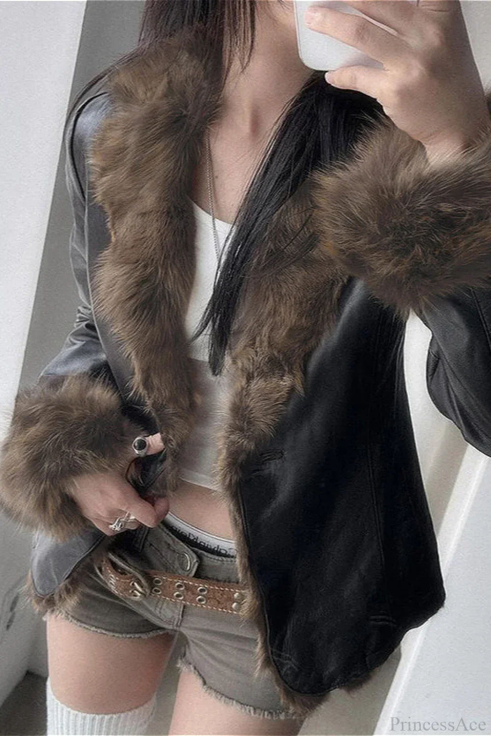 Leather Faux Fur Panel Collared Fitted Warm Coat - Image 2