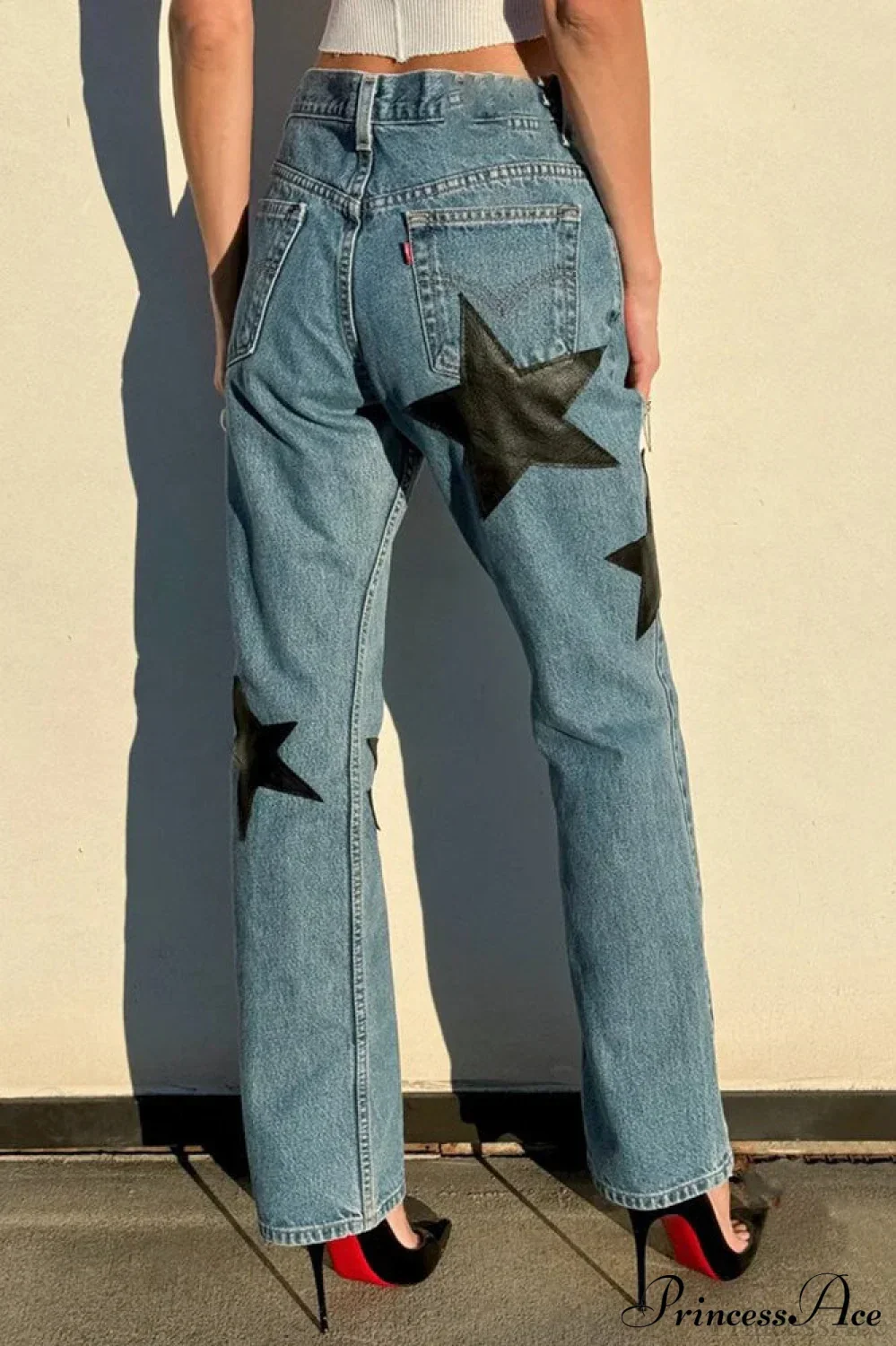 Leather Star Patchwork Straight Leg Jeans - Image 2